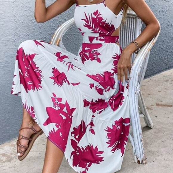 Boho pink white floral tropical print tie back maxi dress - Picture 7 of 7